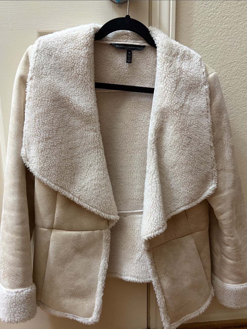 White House Black Market Cream Faux-Shearling Draped Jacket